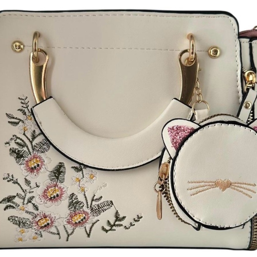 Cream Floral Embroidered Structured Satchel Crossbody Bag Cat Coin Purse Charm - Picture 7 of 15